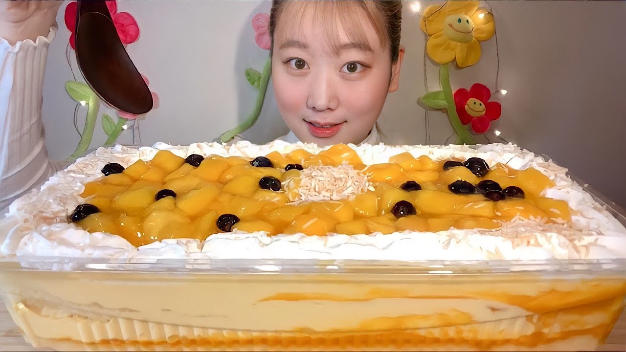 ASMR コストコ マンゴームーススコップケーキ Mango Mousse Cake 망고 무스 케이크【咀嚼音/大食い/Mukbang/Eating Sounds】