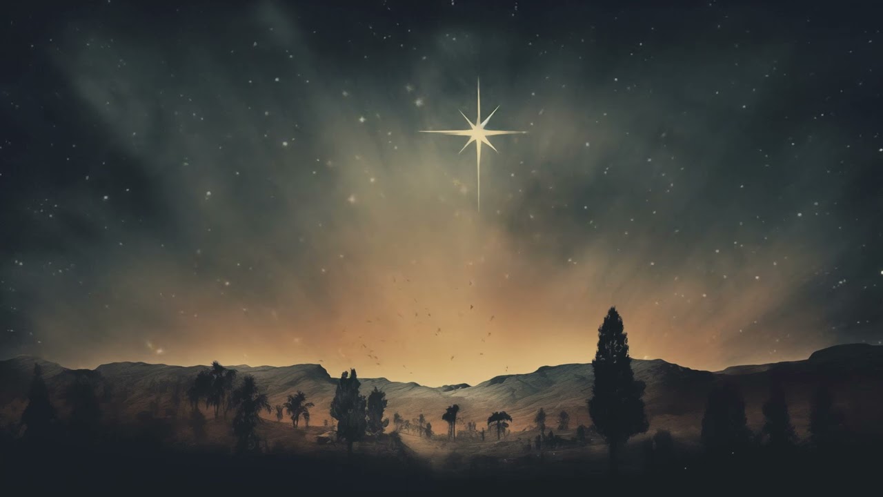 Christmas Manger Of Jesus Birth Bright Light Stars Distant Mountainside Village Christmas Background