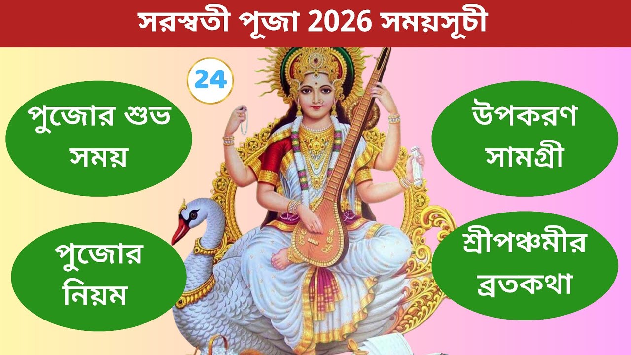 সরস্বতী পূজা 2026 কত তারিখে । পূজার উপকরণ। Saraswati Puja 2026 Date & Time । সরস্বতী পূজা ২০২৬ নিয়ম