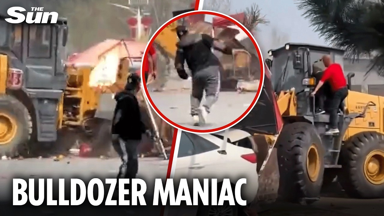 Moment bulldozer smashes into busy market before hero drags driver away from the wheel