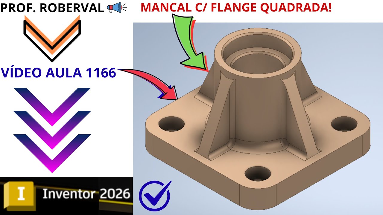 Aula 1166 - Modelamento do Mancal com Flange Quadrada para Iniciantes no Autodesk Inventor 2026