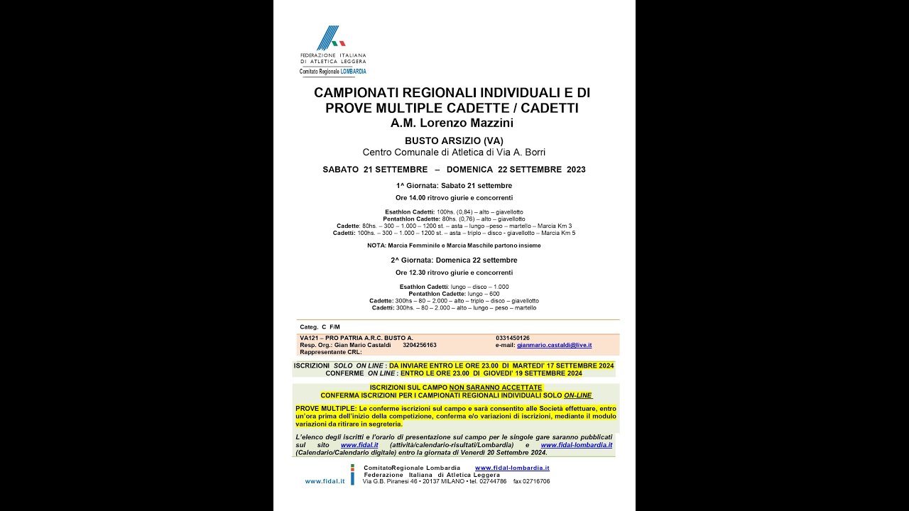 Atletica Leggera - Campionati Regionali Individuali e di Prove Multiple Cadetti e Cadette 2024