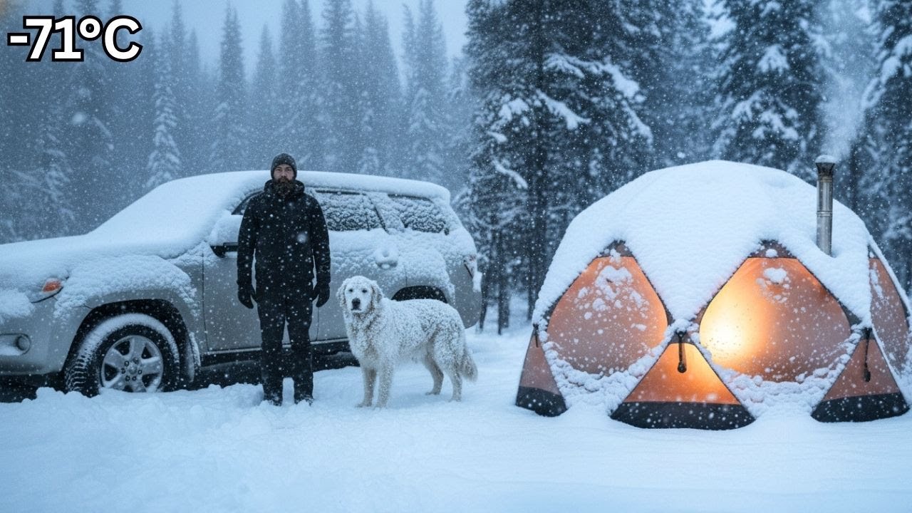 Solo Winter Camping in HEAVY SNOW with My Dog  3 Room Inflatable Tent + Wood Stove | Overnight ASMR