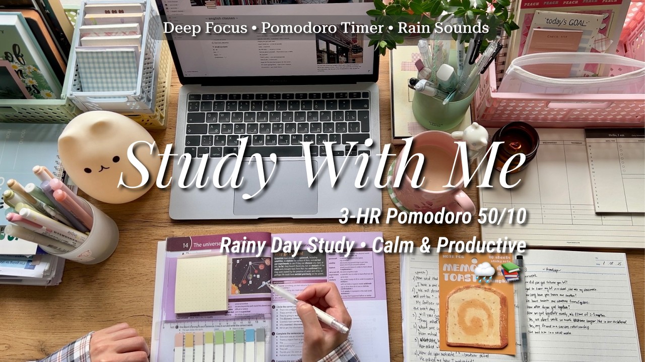 3-HR STUDY WITH ME ☔️ Cozy Rainy Summer Day 🍃 Pomodoro 50/10 🎧 with Calm Lofi Music Break