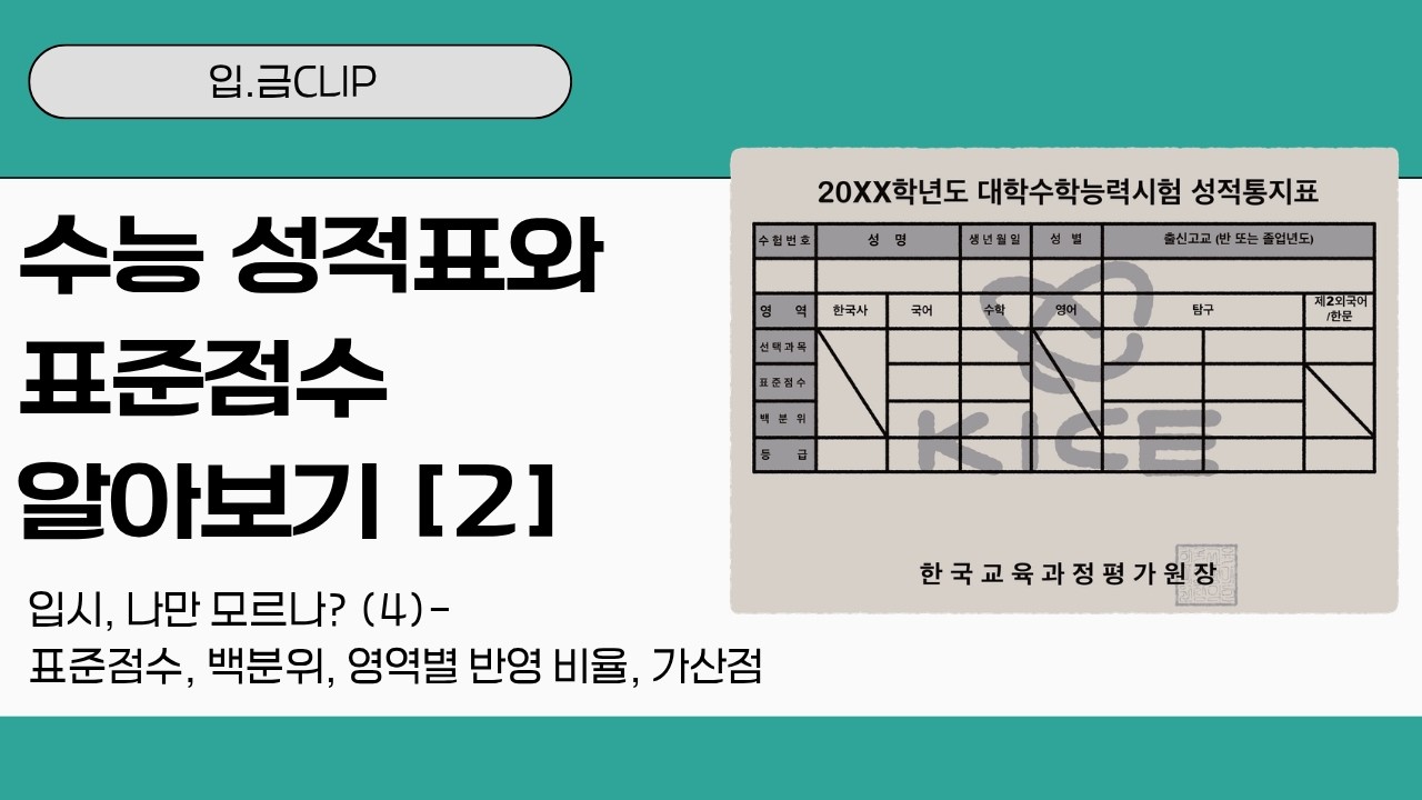 [입.금CLIP] 수능 성적표와 표준점수 알아보기[2]- 입시, 나만 모르나? (4)- 표준점수, 백분위, 영역별 반영 비율, 가산점