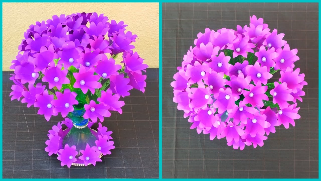Empty Plastic bottle with paper flower bouquet craft || plastic bottle flower vase || Paper craft