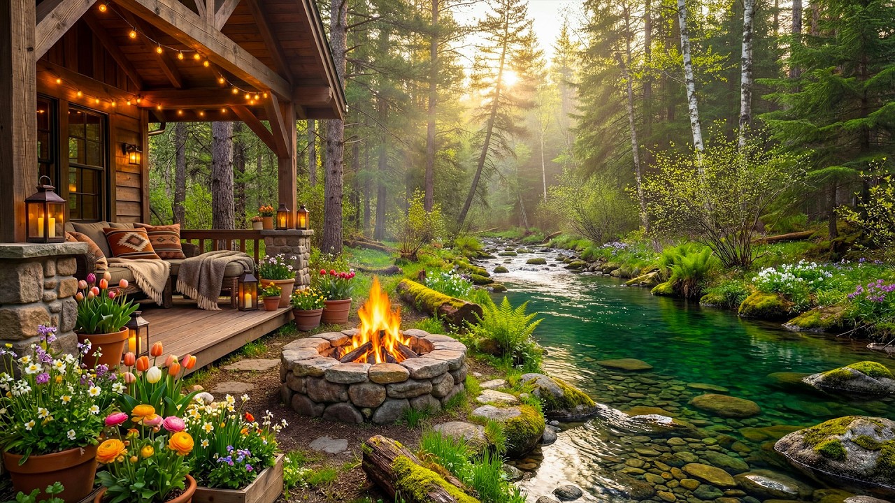 Peaceful Spring Cabin Porch by the River 🌸🔥 Fire Pit Ambience & Flowing Water Sounds for Study