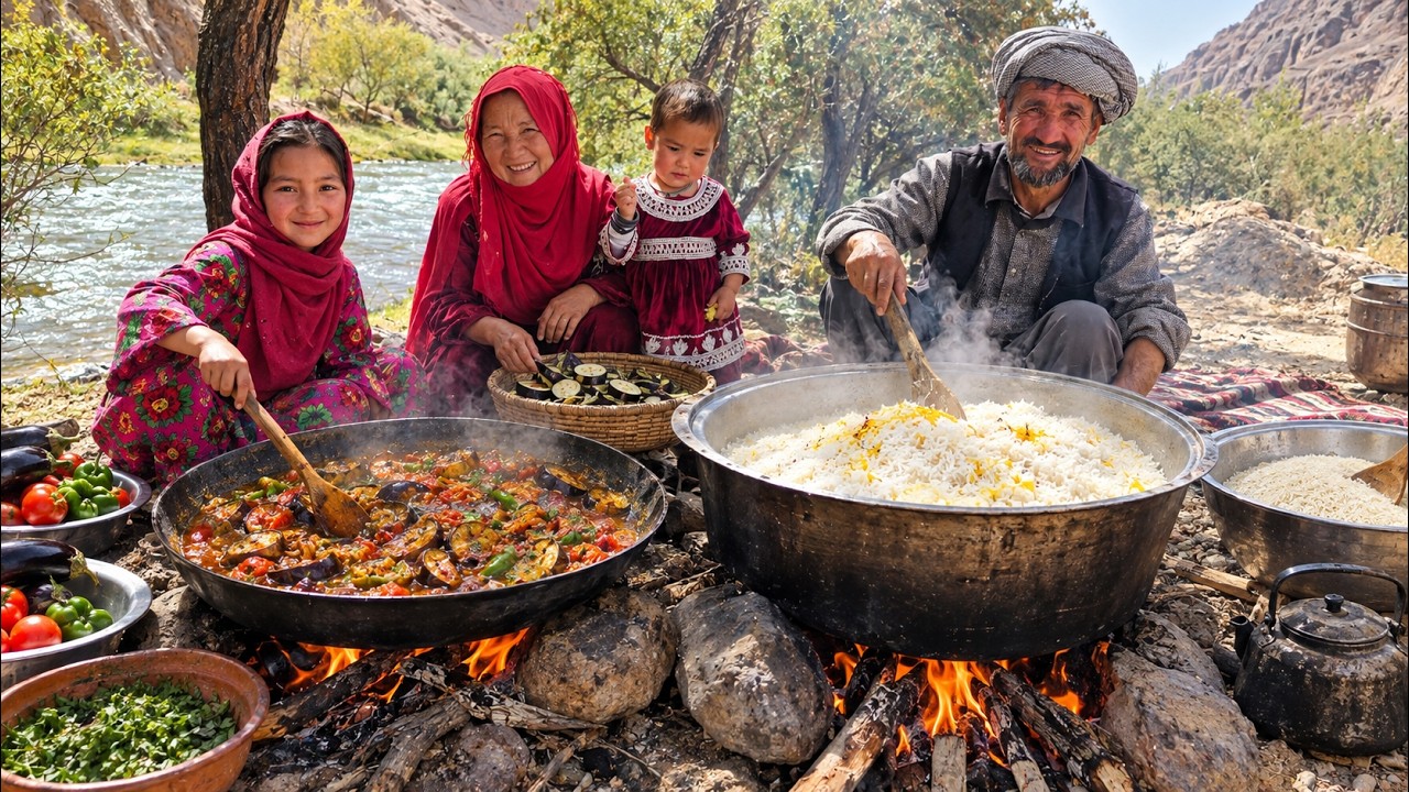 Real Afghan Family Village Life | Cooking Traditional Kabuli Pulao with Eggplant Beside a River