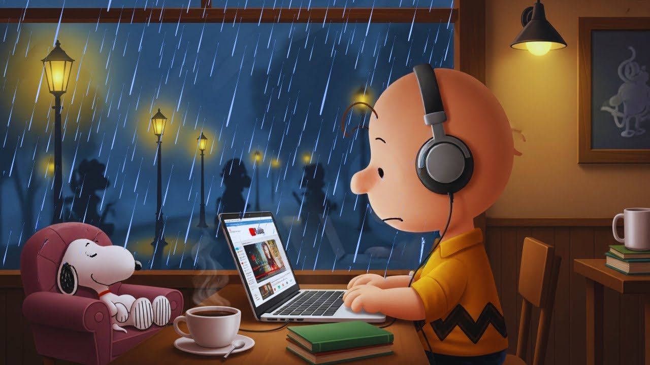 Lofi Rain Night 🌧️ | Charlie & Snoopy Caf&eacute; Vibes | Study, Relax & Sleep Music