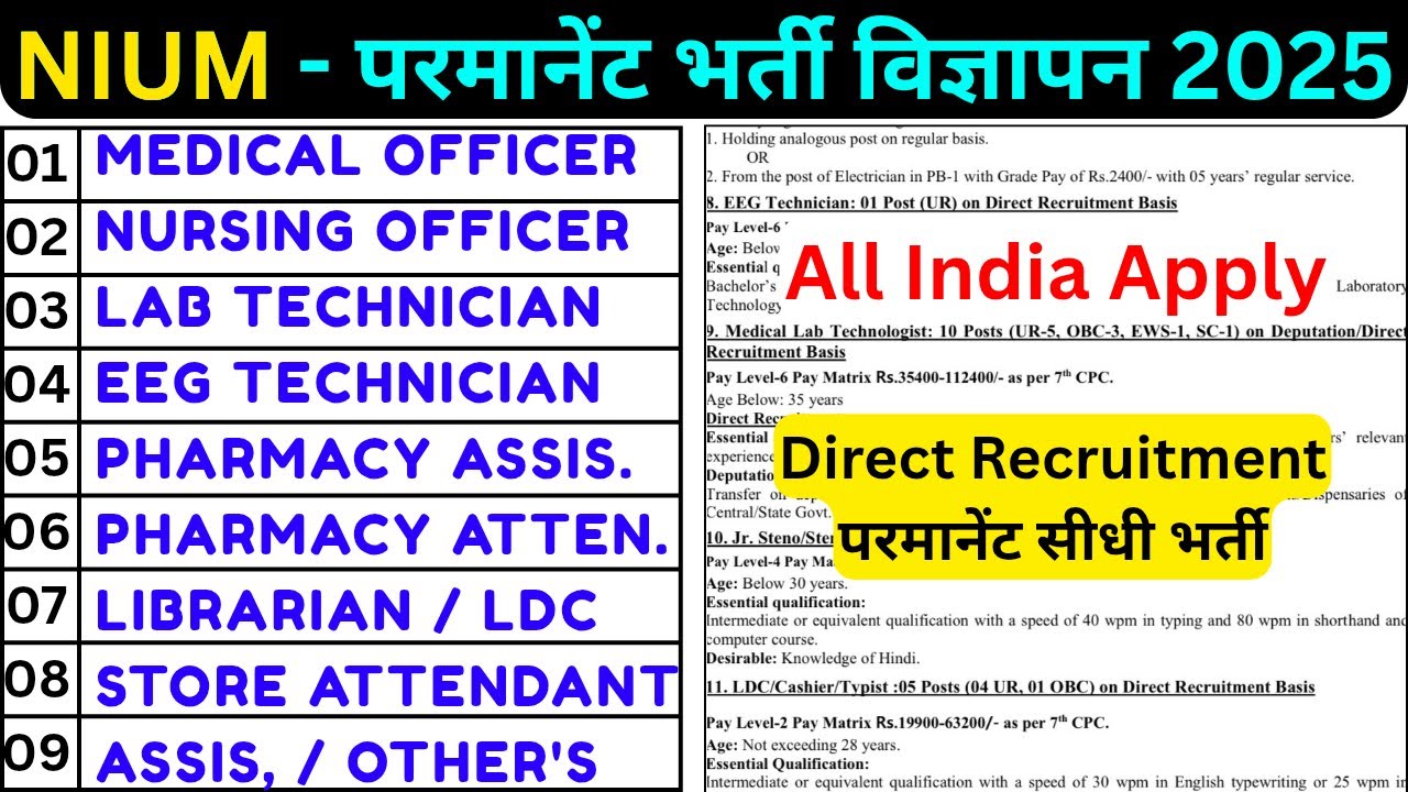 NIUM VACANCY 2025 LAB TECHNICIAN, NURSING OFFICER, PHARMACIST, EEG TECHNICIAN, MEDICAL OFFICER, JOBS