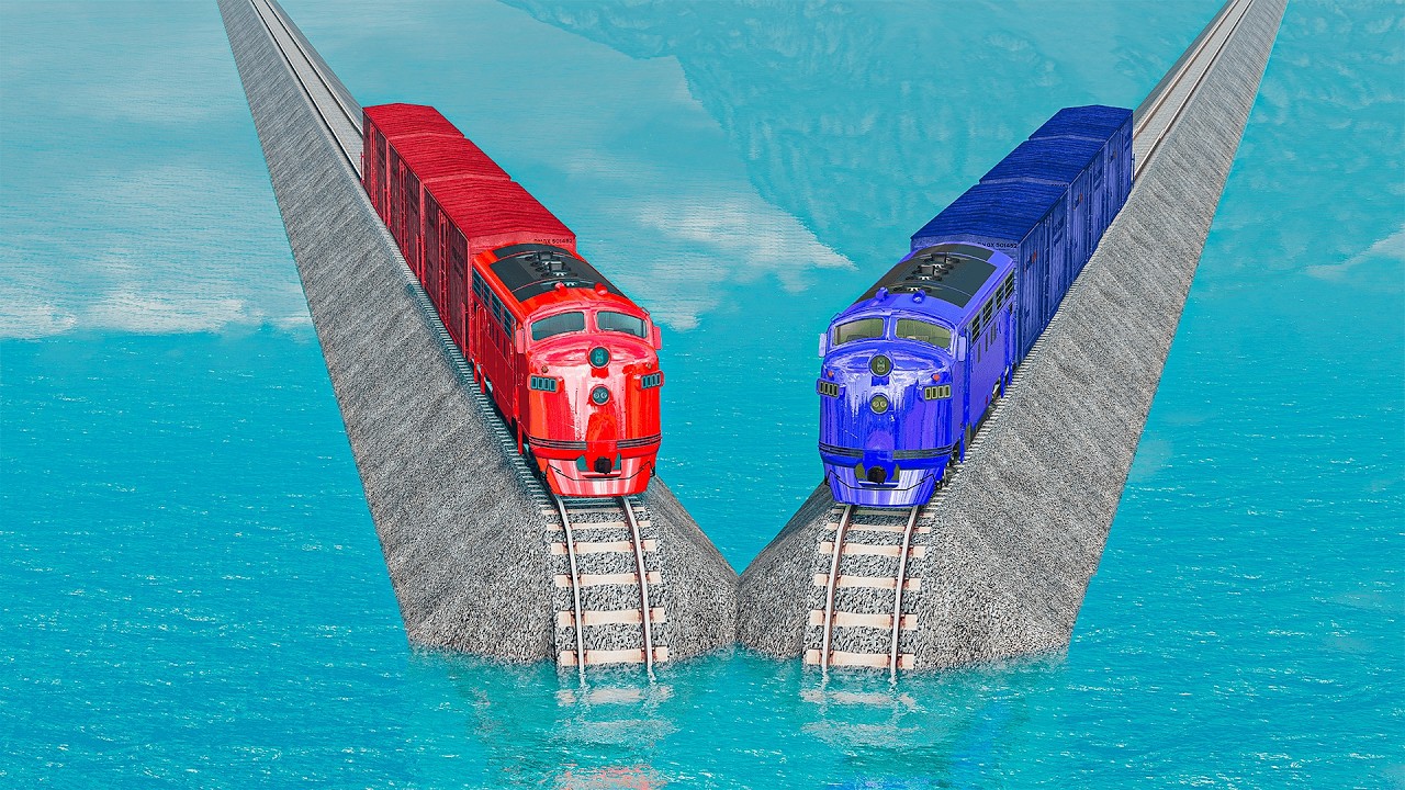 Double Train Vs Colorful Train vs Wavy Impossible Weird Rail Track Crossing Deepwater | BeamNG.drive