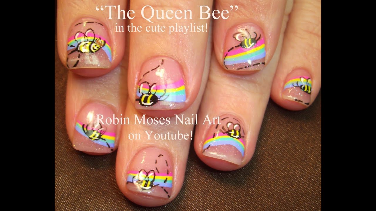 Easy Spring Bumble Bee Nail Art | Pastel Rainbow Nails Design Tutorial