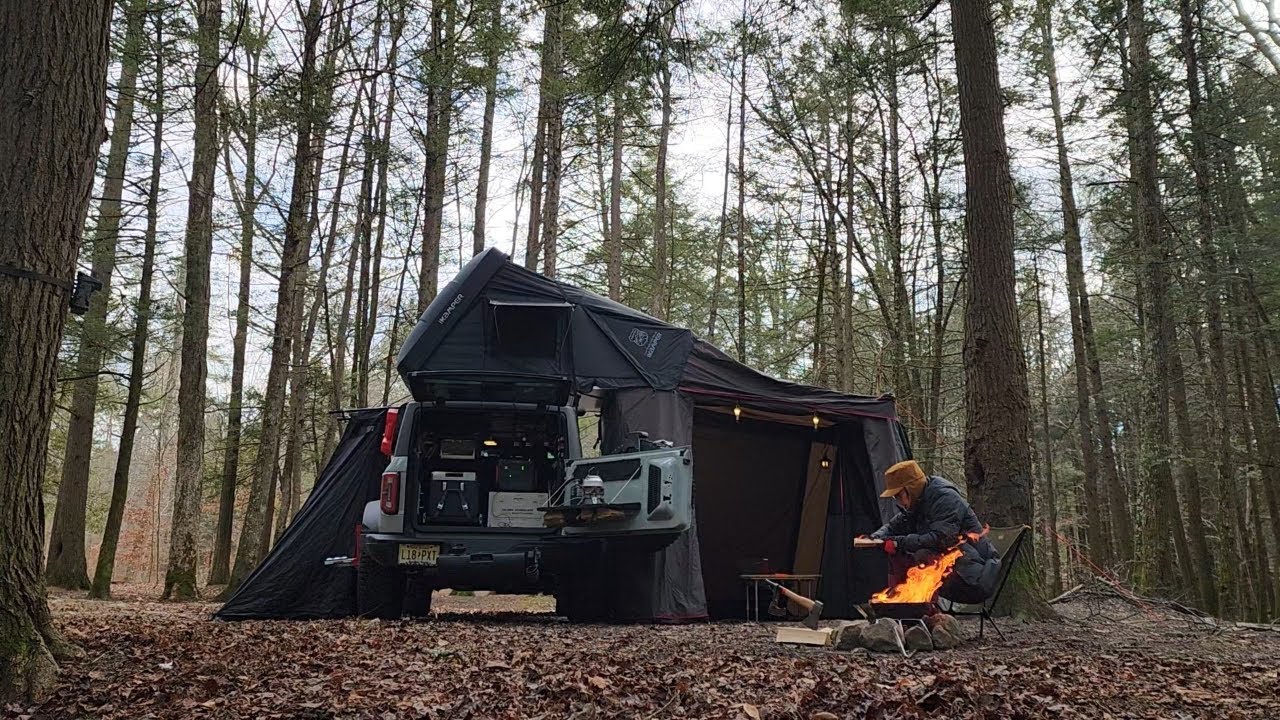 Coziest Camping in a Pine Forest | Solo Relaxing In a ikamper RTT and Annex shelter ASMR