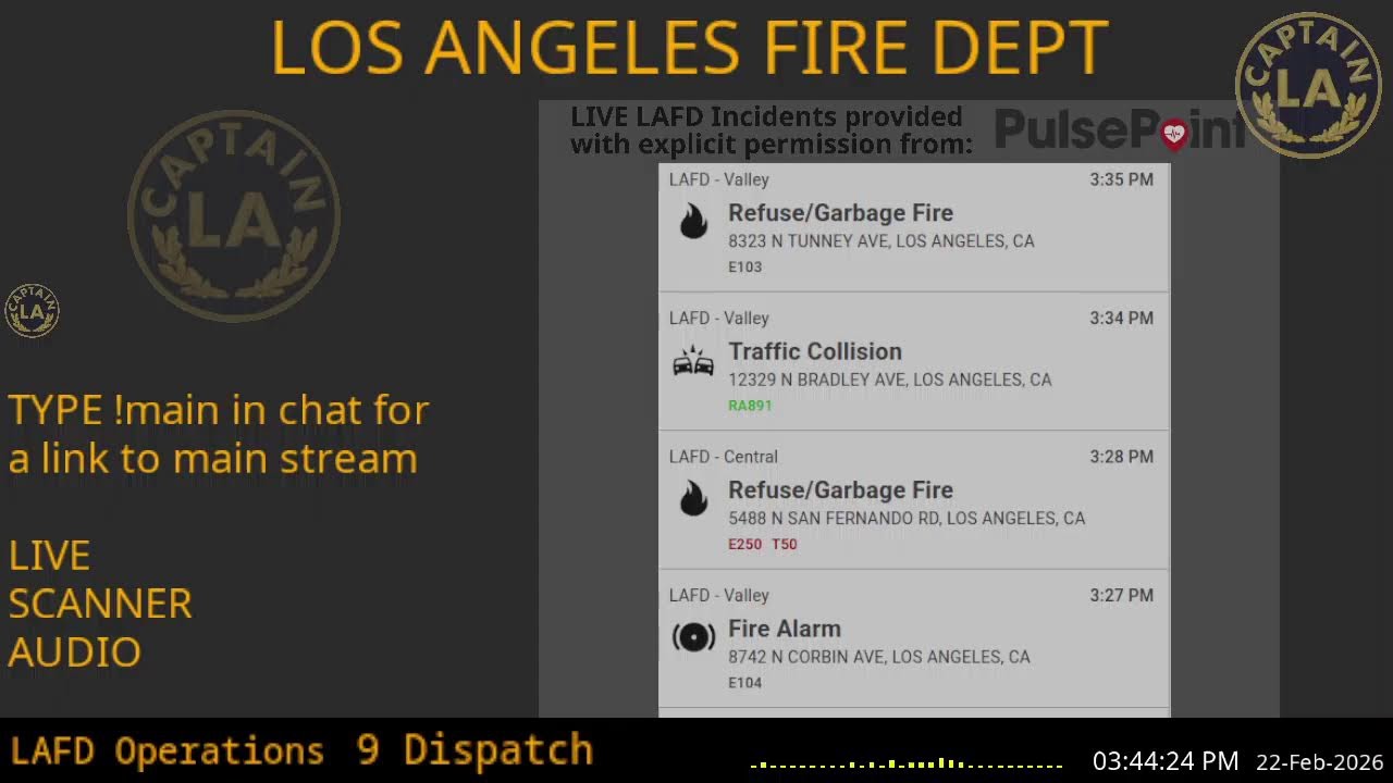LAFD - *LIVE* Los Angeles Fire Department SCANNER Radio // FIRE & EMS // 22-Feb-2026 // LA CAPTAIN