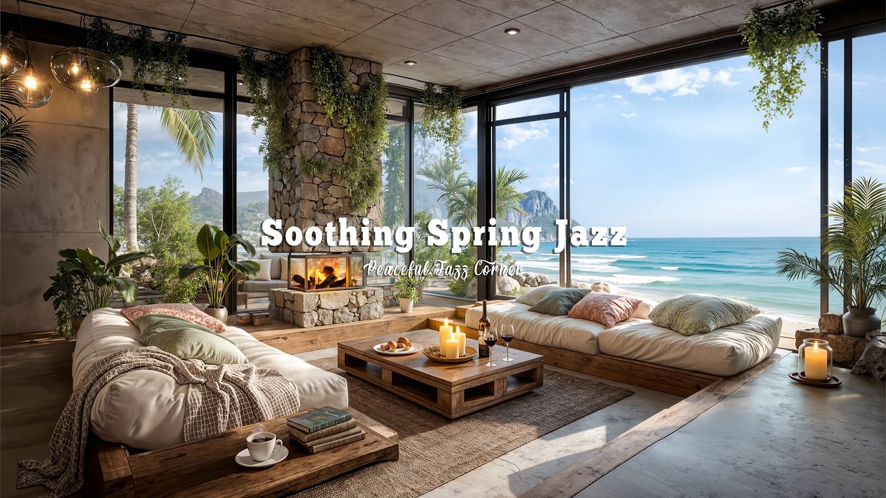 Seaside Living Room Ambience | Soothing Spring Jazz Music with Ocean Sounds for Peaceful Day
