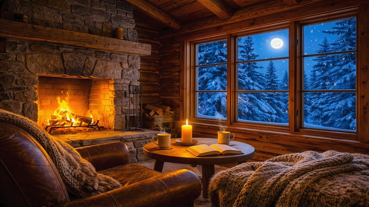 Gentle Piano & Moonlit Sofa with Books by Cozy Fireplace Heavy Snowfall for Deep Sleep ❄️