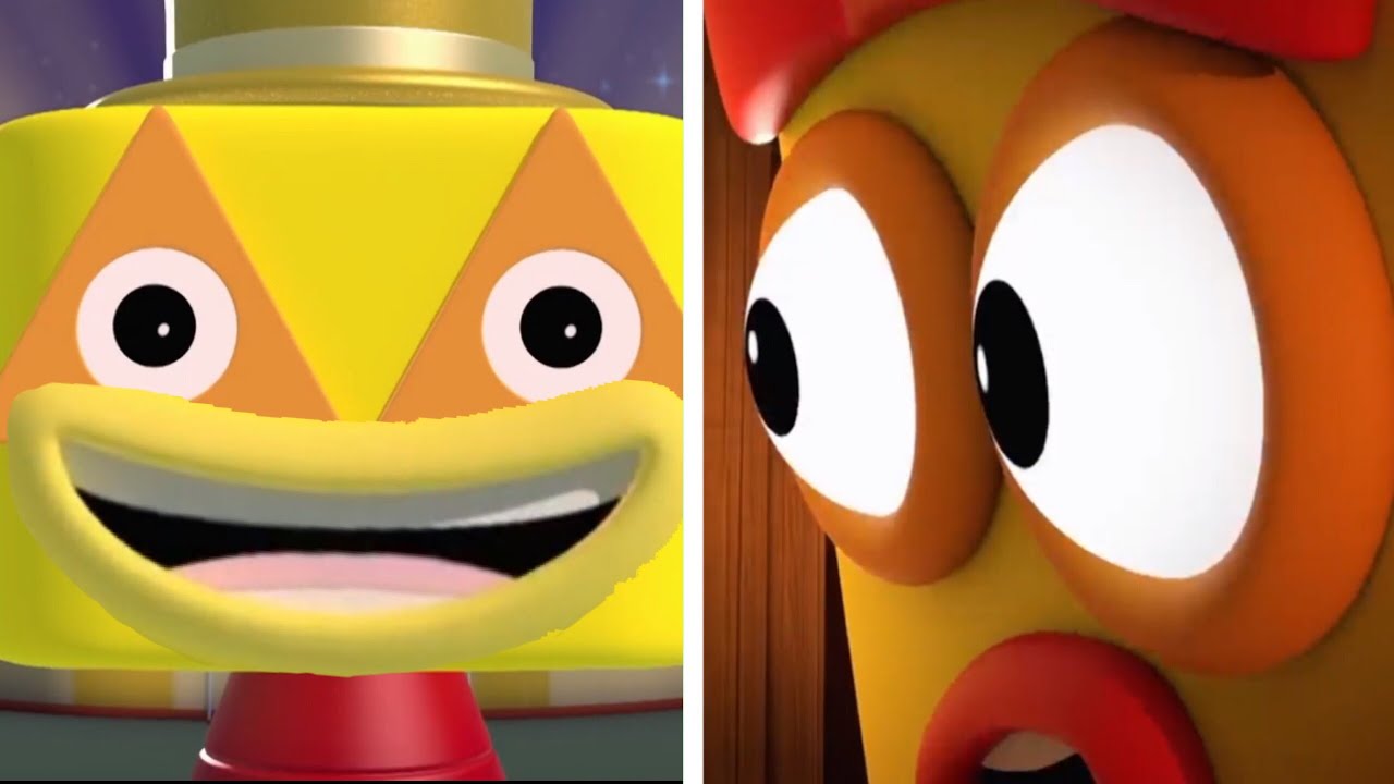 Numberblock Three looks through the Peephole: Three Times Table says EEEEE