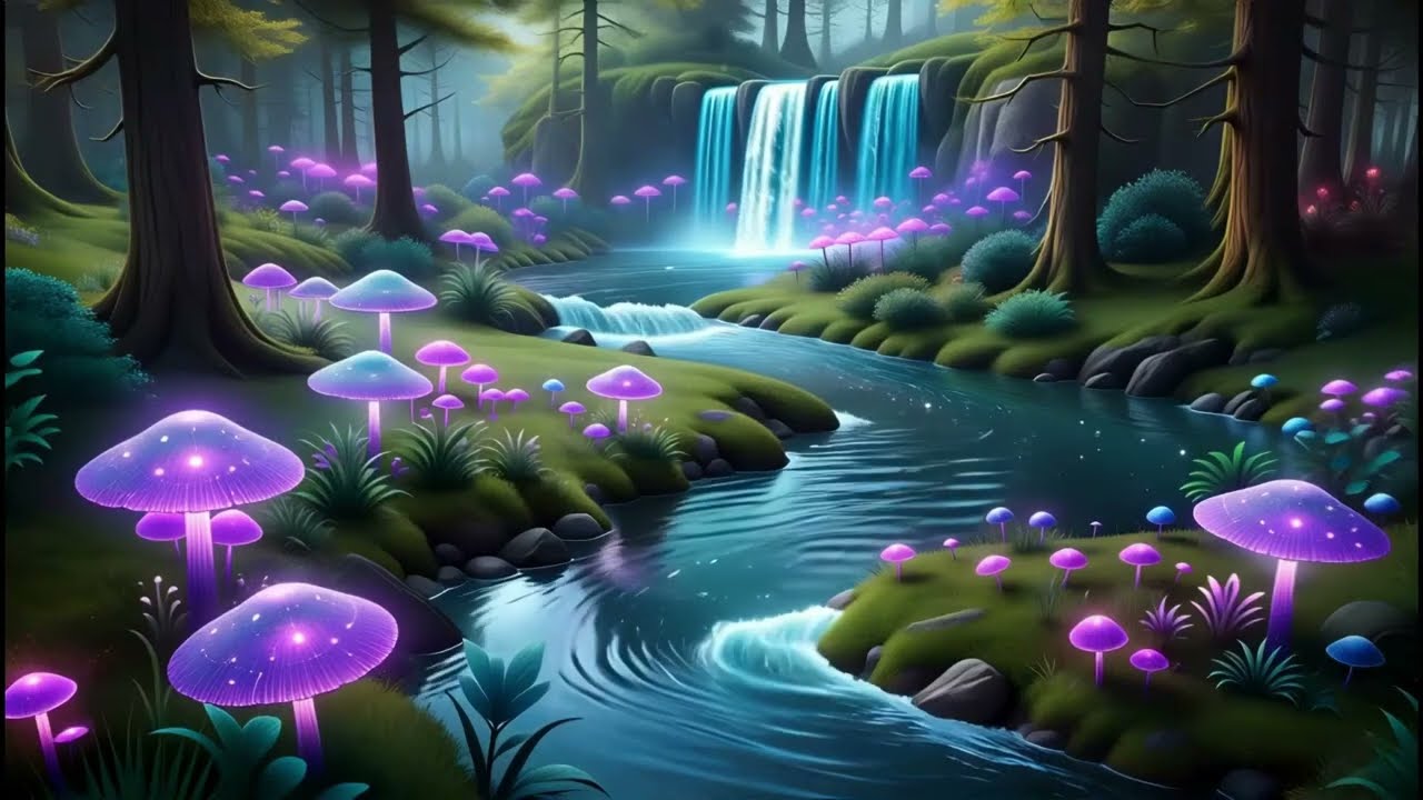 🌙 Moonlit Enchanted River Waterfall 🍄 Relaxing Nature Sounds & Instrumental Music