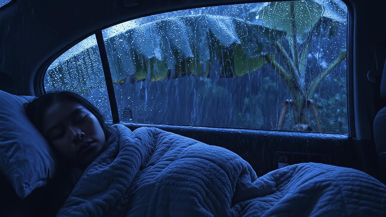 Overcome Stress to Sleep Fast with Soothing Rain & Thunder Inside Car on forest Road at Night.