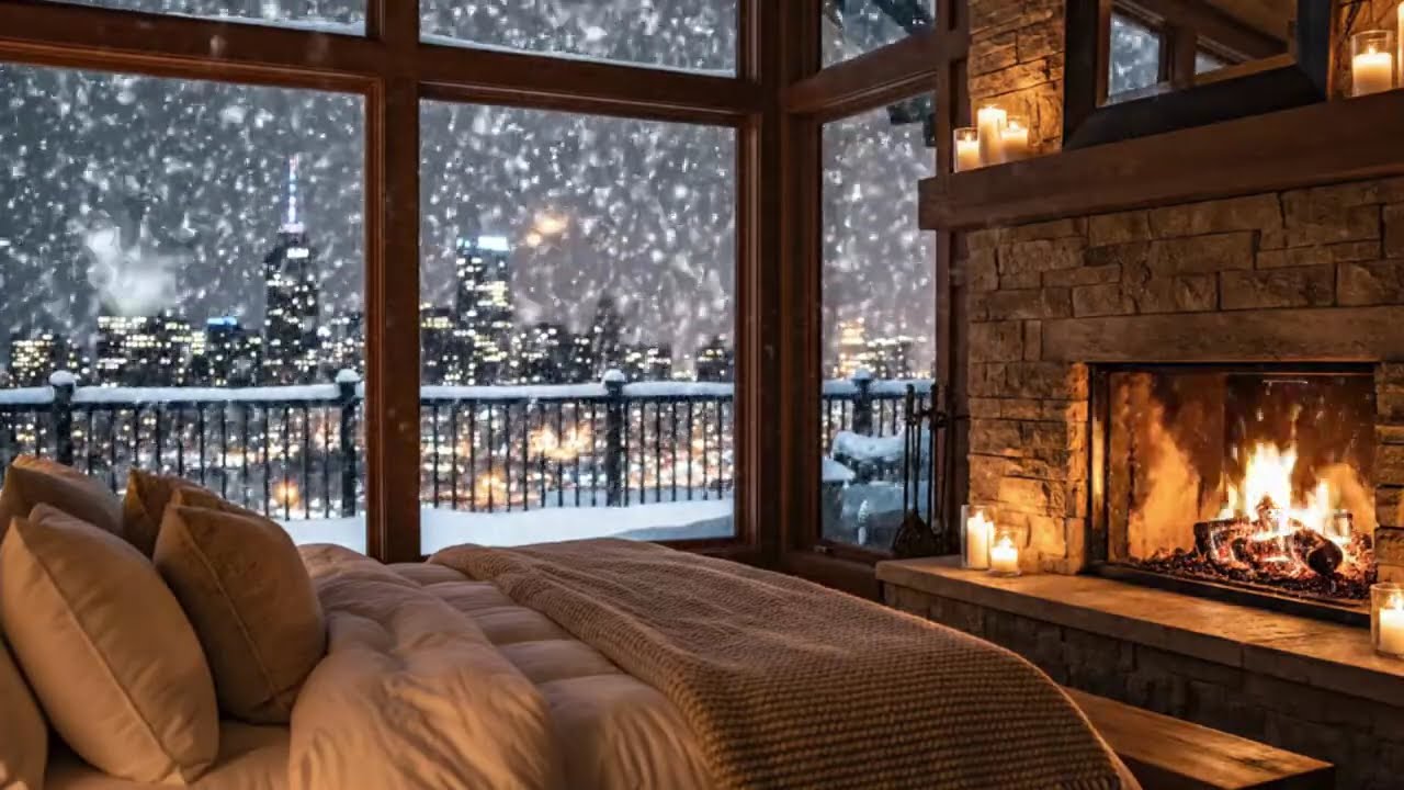 A Quiet Snowy Night | Bedroom Ambience with Fireplace Sounds