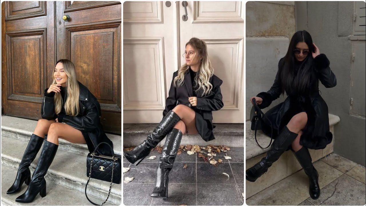 Women's In Leather Low knee High Heel Boots//leather outfit//leather thigh high boots//leather low 