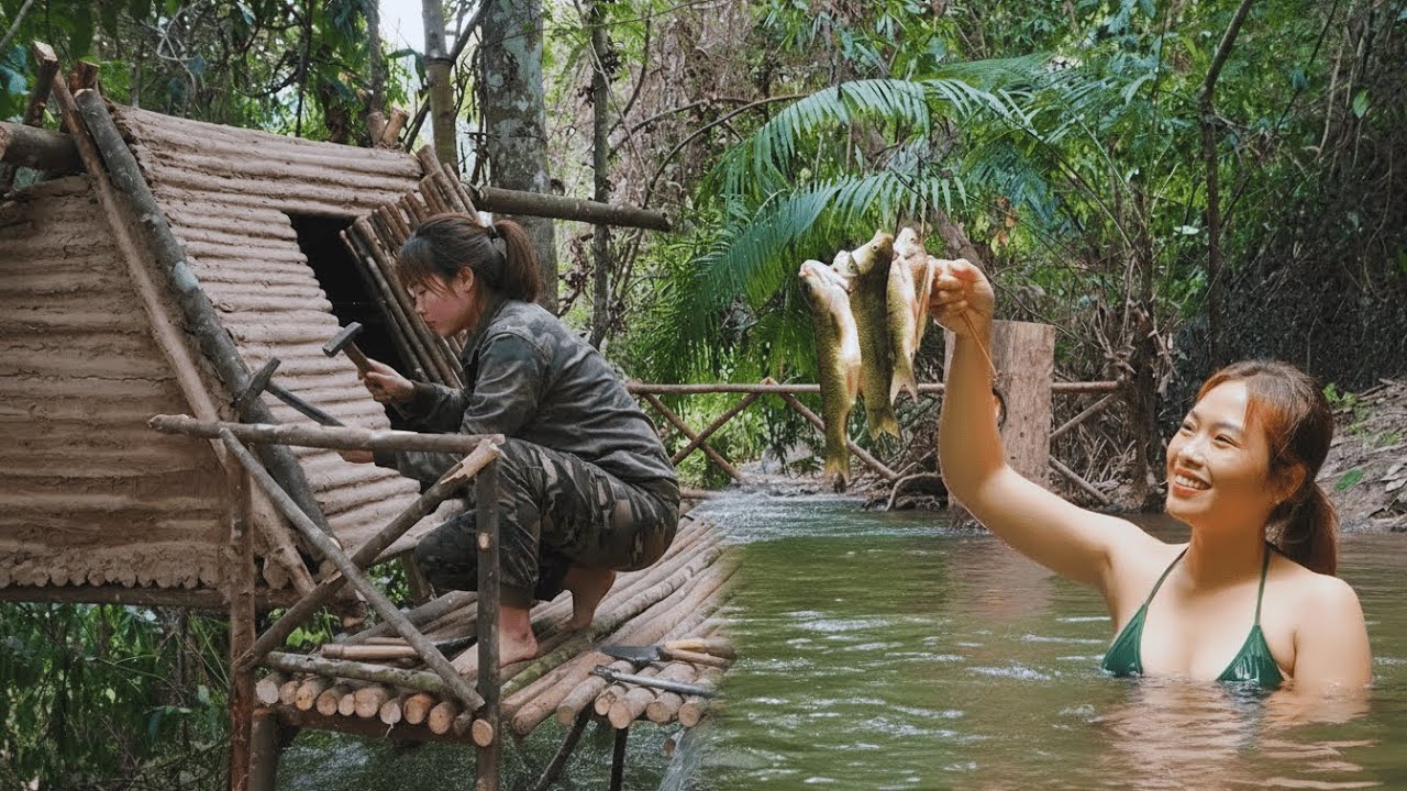 Alone in the Wilderness | New Shelter Complete and Stream Fish Caught for Cooking