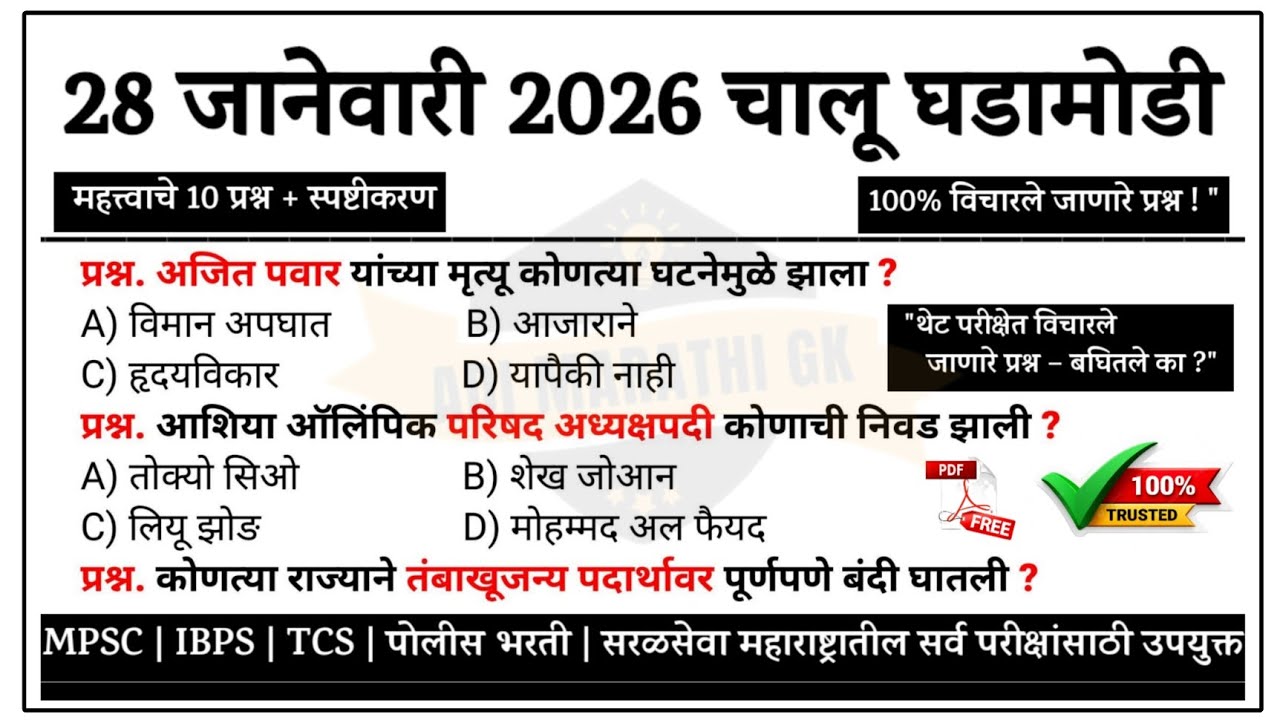 28 January | Current Affairs 2026 | Chalu Ghadamodi 2026 | #chalughadamodi #ajitpawar 