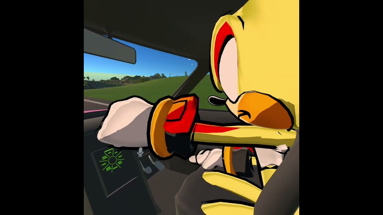 Sonic and shadow driving in the car with each other and shadows having his special juice drink