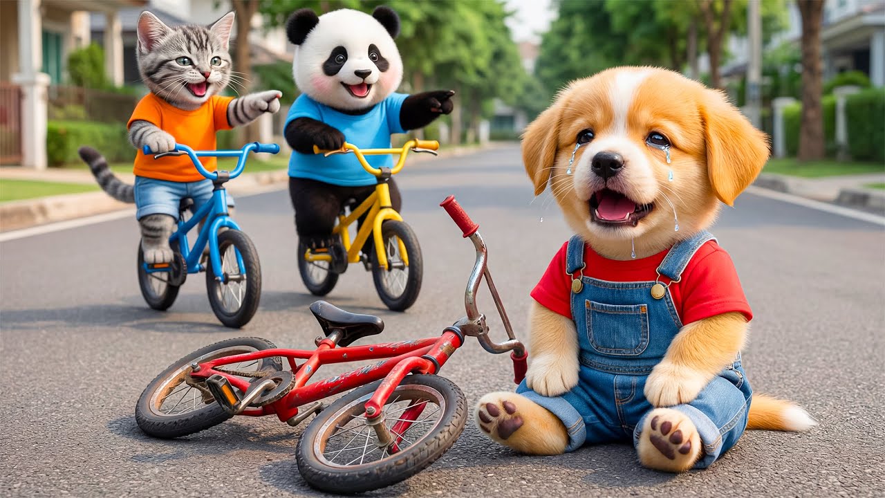 Baby Puppy Falls from His Old Bike 😢🚲 Dad’s Love Helps Him Win the Race 🐶❤️