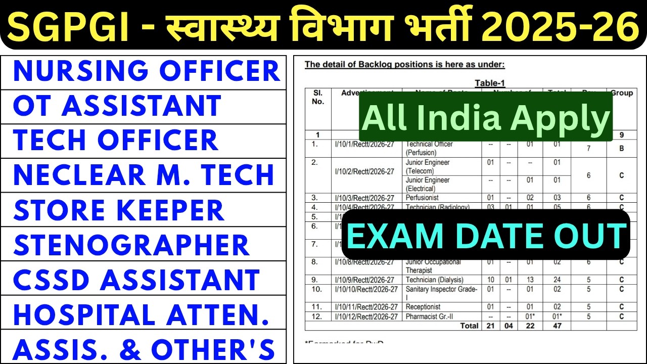 SGPGI NURSING OFFICER VACANCY 2026 - OT ASSISTANT VACANCY - SGPGI EXAM DATE OUT - STAFF NURSE JOBS