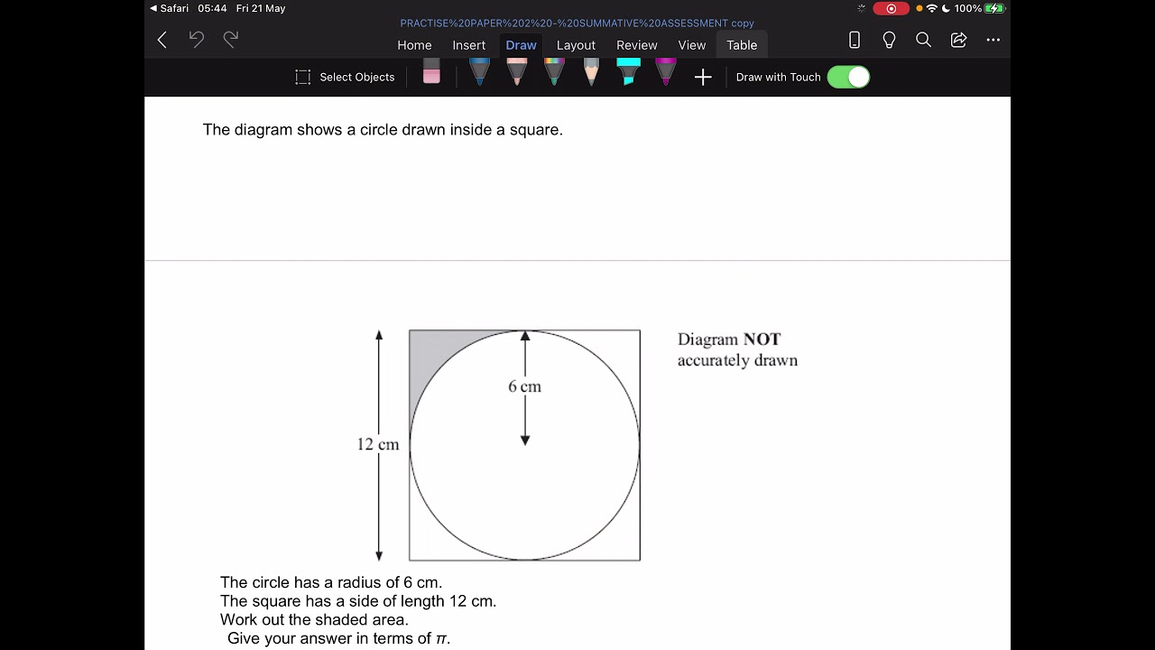 Practice paper 2 Q13 circle area in terms of Pi