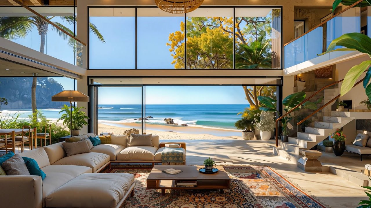 Elegant Morning Jazz & Ocean Sounds For Calm Retreat | Relaxing Jazz Piano In Luxury Beachside