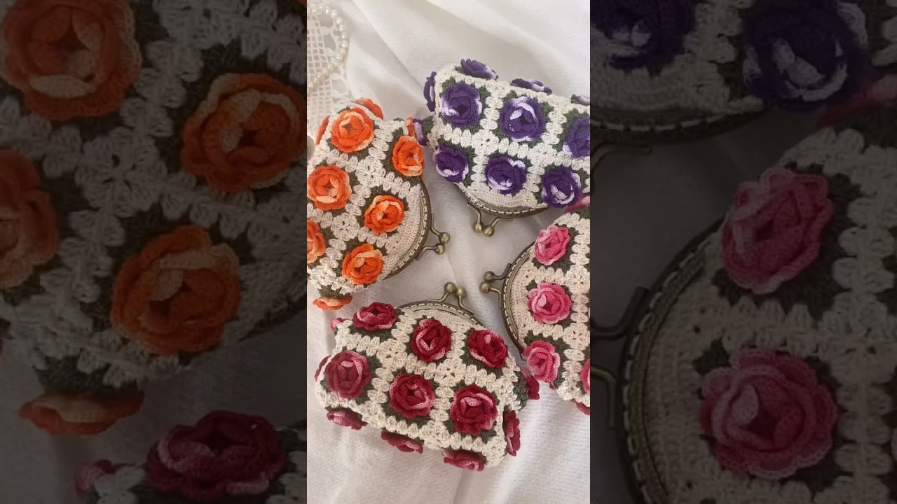 Crochet Rose Granny Square Coin Purse 🌸 Handmade Frame Wallet