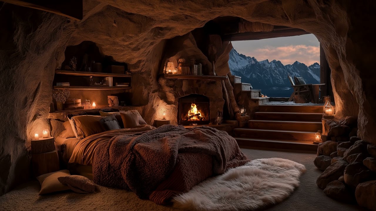 Cozy Cave Bedroom with Fireplace & Mountain View