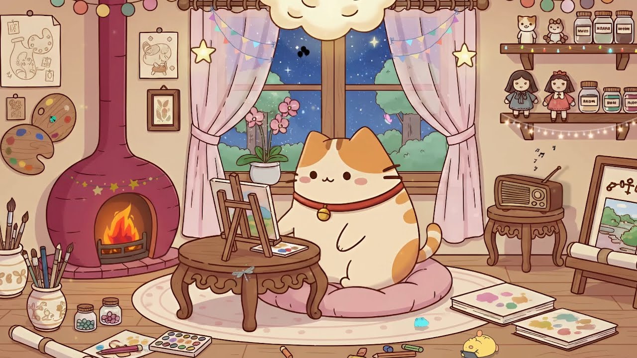 Cloudy's Cat Painting by the Fireplace 🎨 Cozy Art Studio Lofi 🔥 Relaxing Music for Creativity