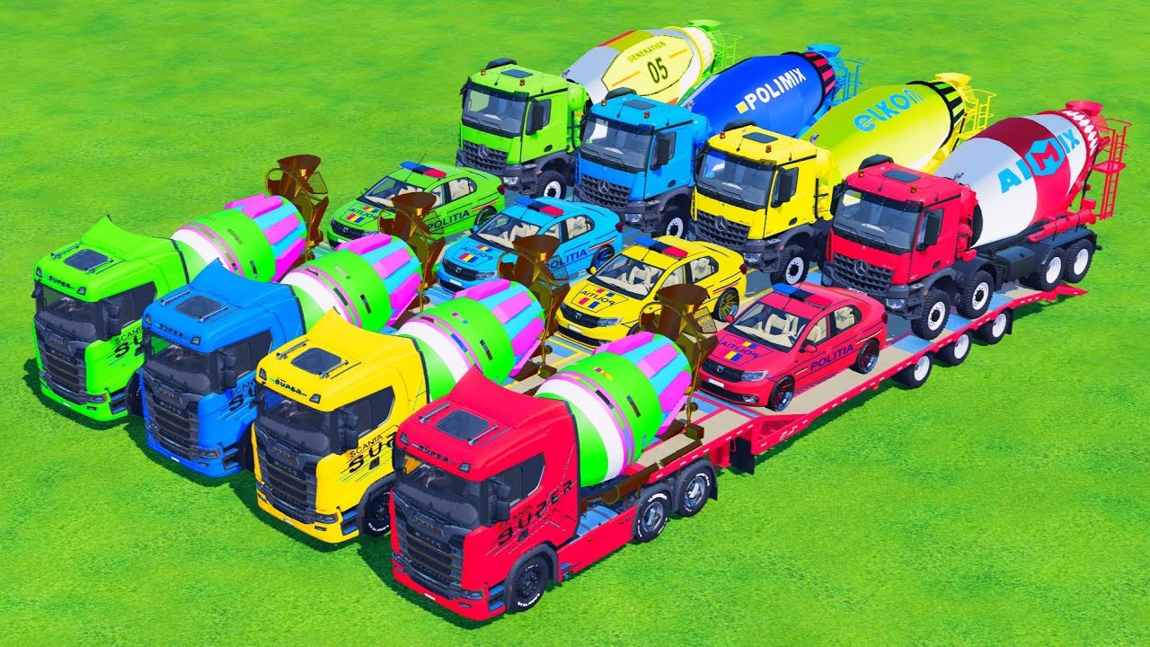 TRANSPORTING with COLORS - 4 POLICE CARS DACIA, 4 MIXER TRUCK with TRUCK - FS 22 - Galaxy Farm