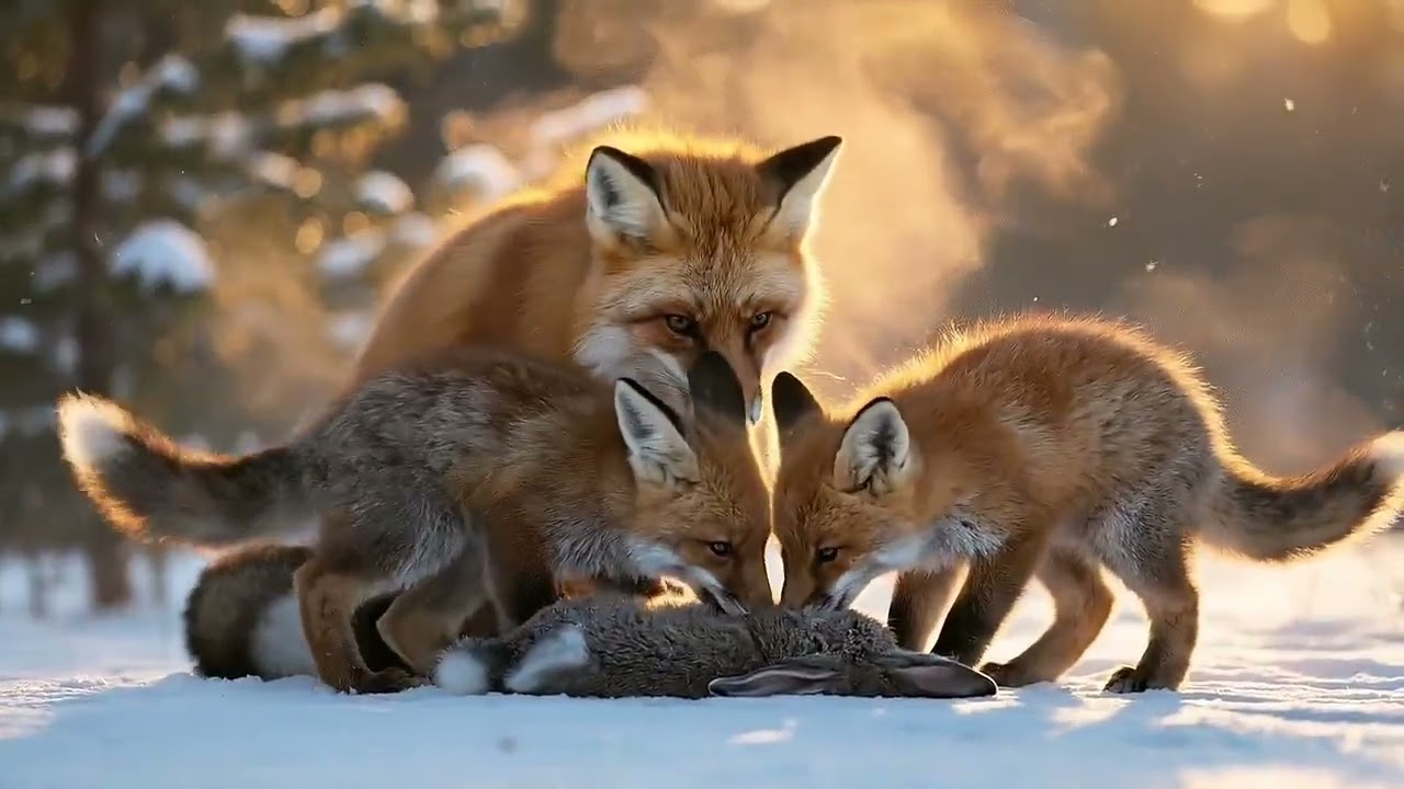 Fox first caught a rabbit in the snowy north.
