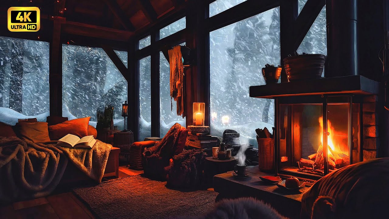 Cozy Cabin Fireplace | Snowstorm Outside & Crackling Fire Sounds | 2 Hours | 4K Ultra HD