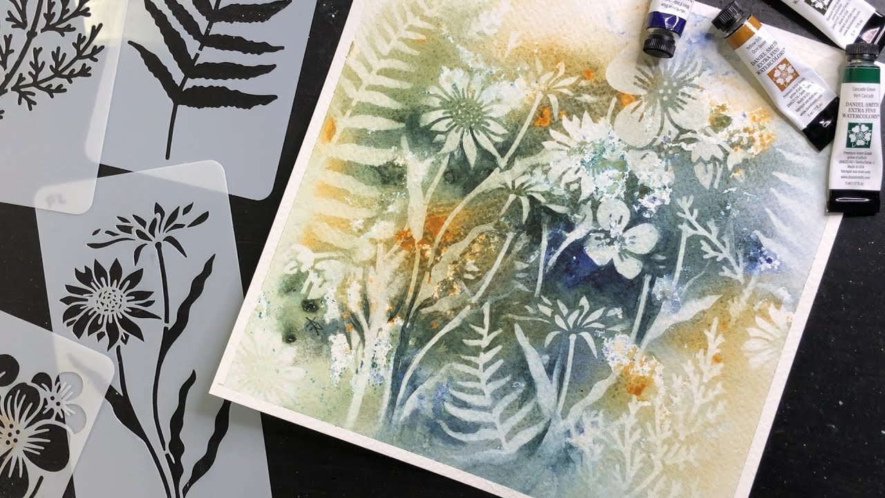 Reverse Stenciling WATERCOLOR floral - easy & relaxing painting process - 403