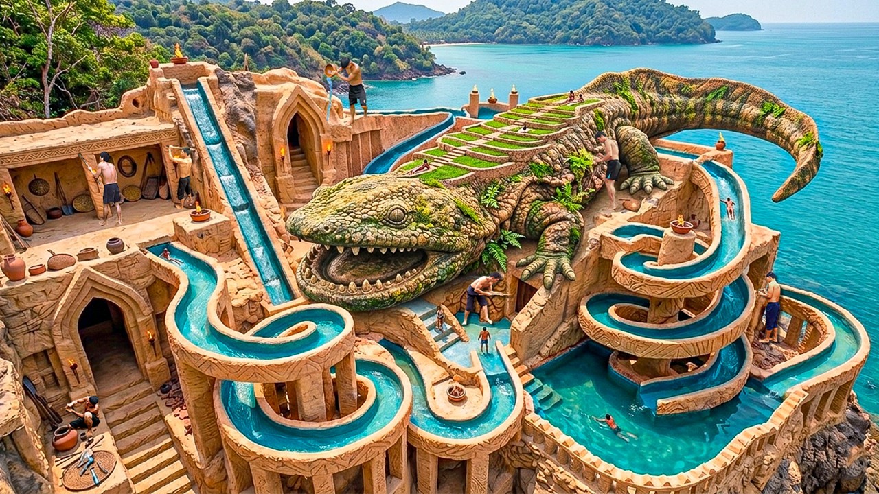 250 Days Building a $500K Luxury Lizard Sculpture Resort with Carved Cave Rooms Using Primitive Tool
