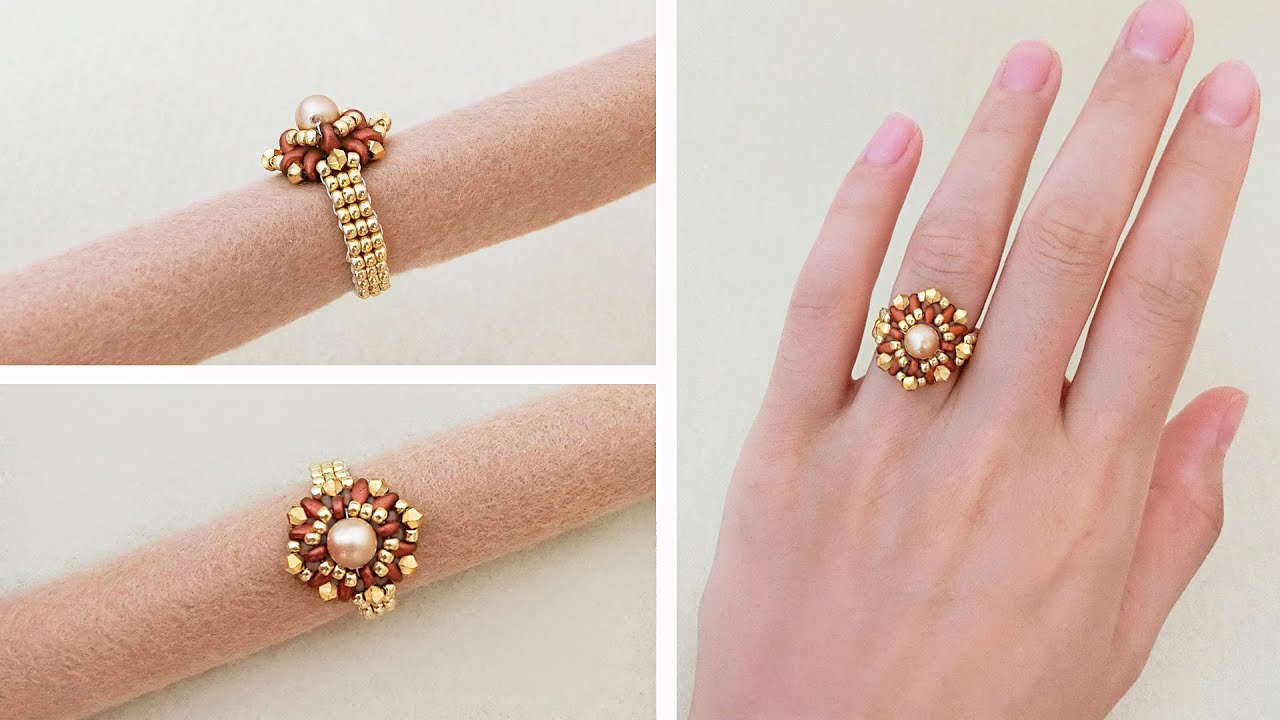 DIY Beaded Vintage Flower Ring with SuperDuo Beads and Golden Pearl. How Make Beaded Ring 复古花形串珠戒指