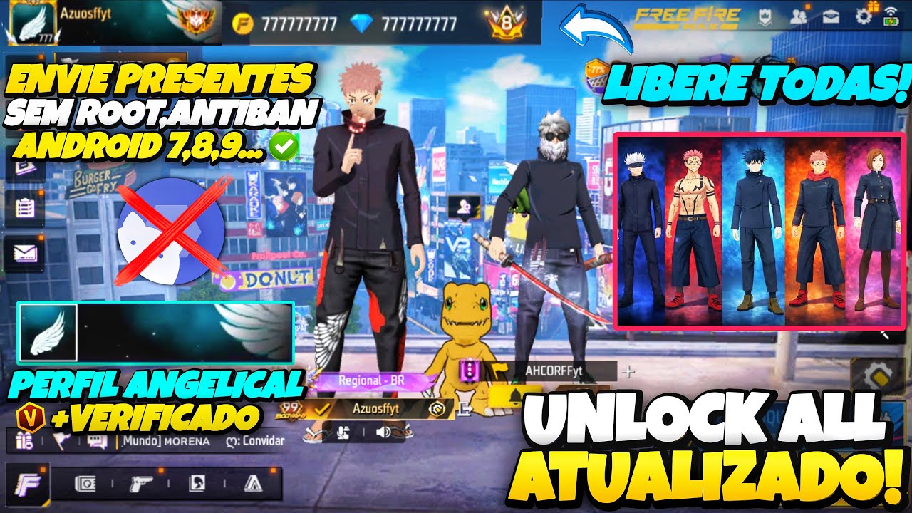 (ENVIANDO PRESENTES🎁) COMO COLOCAR UNLOCK ALL NO FREE FIRE, PEGANDO NA PARTIDA | LIBERE SKINS GRÁTIS