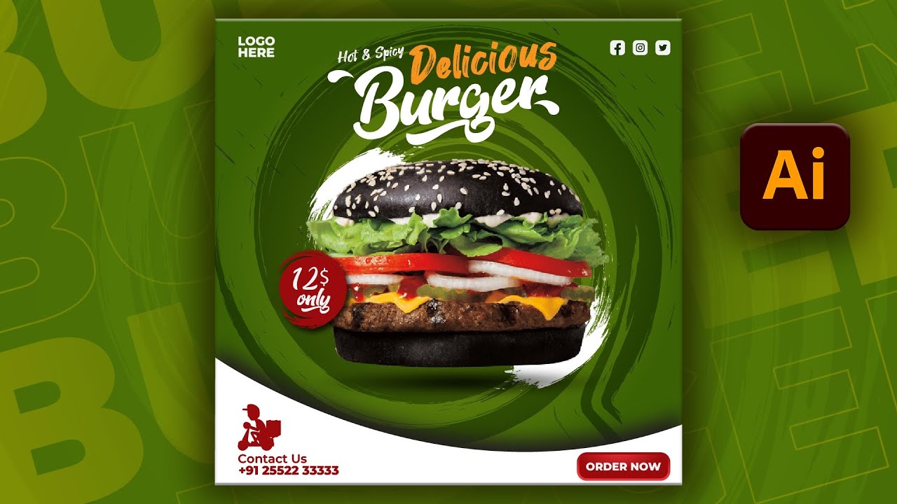 Illustrator CC Tutorial | Graphic Design | Social Media Burger Poster Design 🍔..