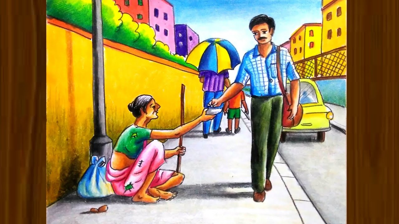 How to draw a beggar step by step easy with colour / Beggar drawing/City scenery