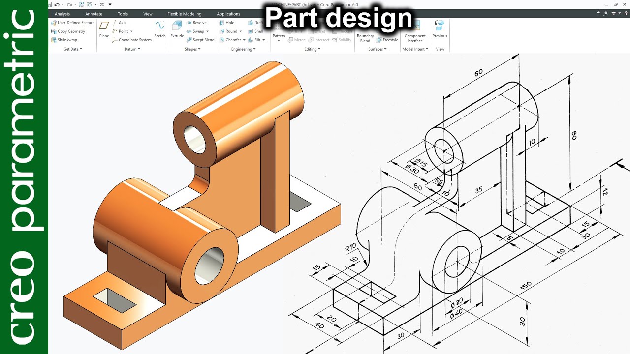 Учебное пособие по моделированию деталей Creo. Деталь машины 18 в Creo Parametric