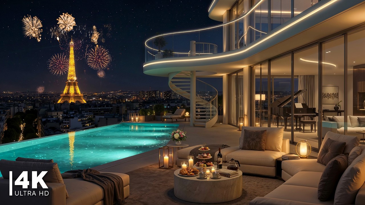 Cozy Paris Night Ambience in Luxury Apartment | Soft Jazz Piano Music & Beautiful Firework for Relax