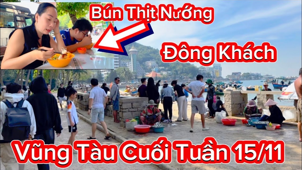 1038 .Vũng Tàu Cuối Tuần Khách Đông Ăn Sáng Món Bún Thịt Nướng Ngay Bãi Trước