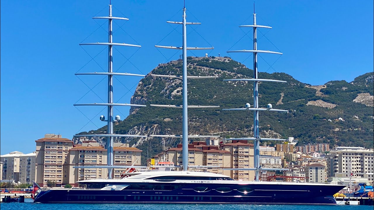Largest sailing yacht in the world the Oceanco 105m BLACK PEARL docking in Gibraltar