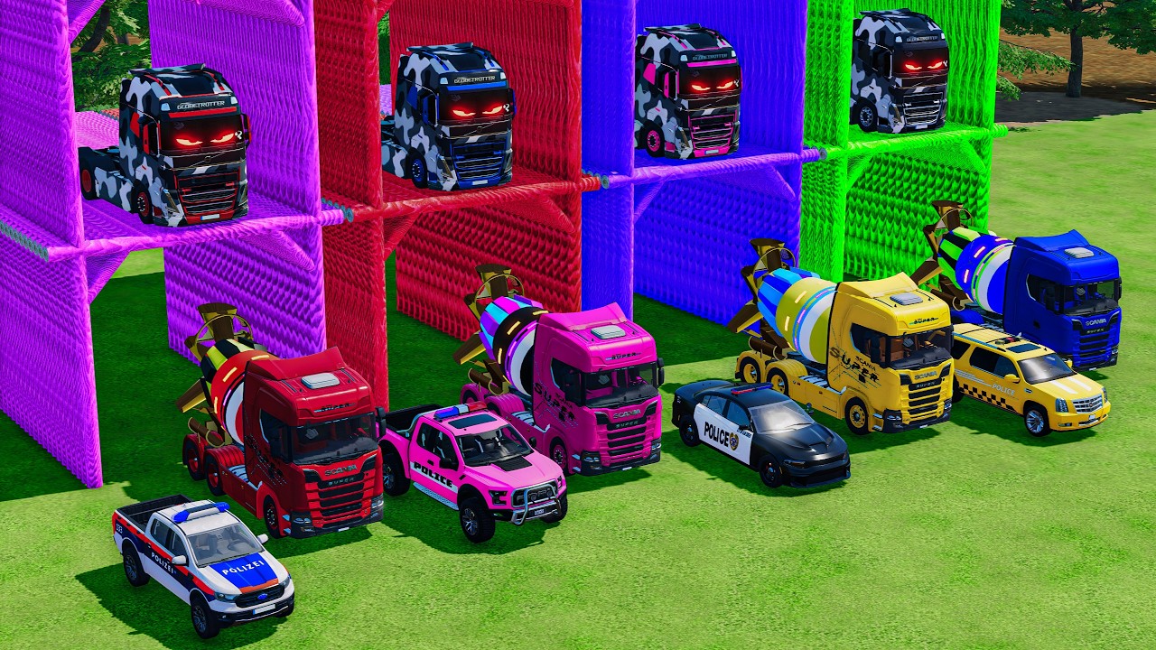 GARAGE WITH COLORS   ALL POLICE CARS AND MIXER TRUCKS WITH DOUBLE FLATBED TRAILER TRUCK