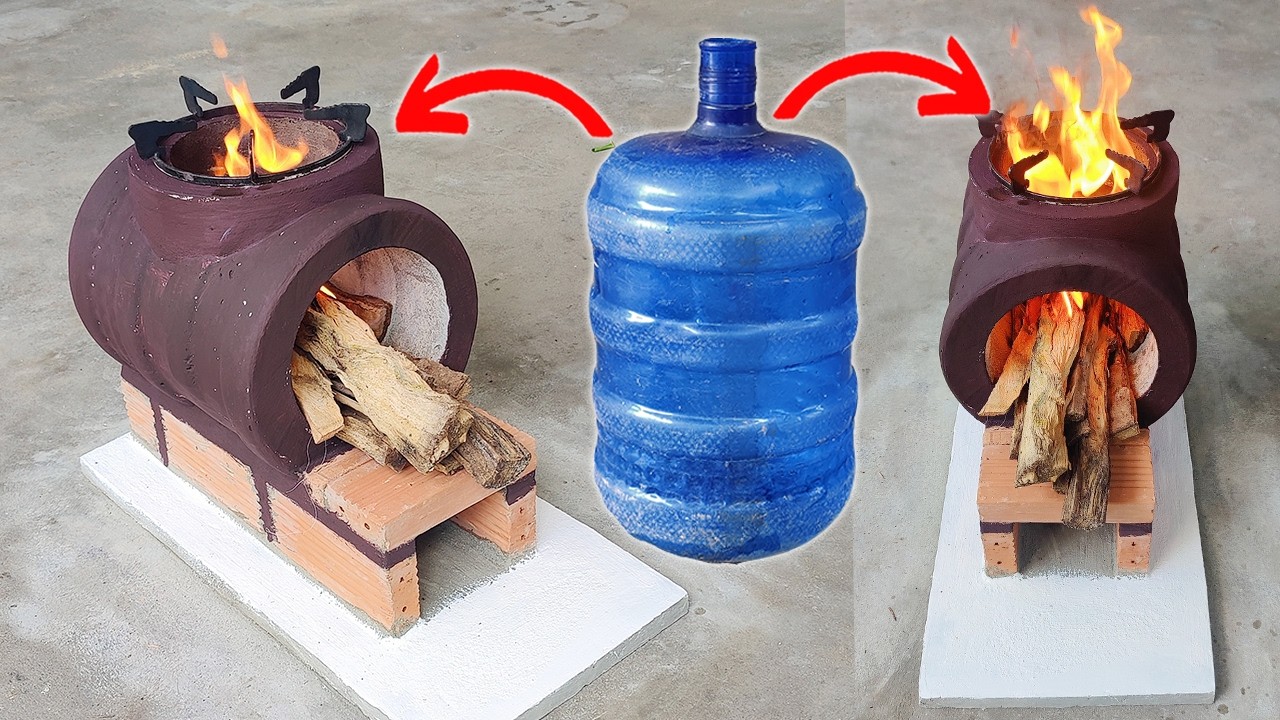 DIY Mini Wood Stove Ideas - How to Cast a Smokeless Stove with Cement and Plastic Water Tank